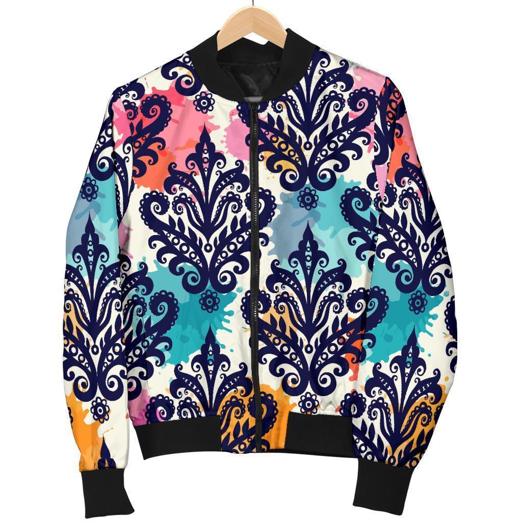 Damask Colorful Pattern Print Women Casual Bomber Jacket-grizzshop