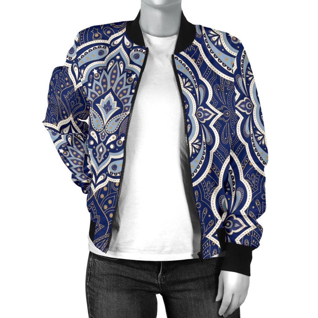 Damask Print Pattern Women Casual Bomber Jacket-grizzshop