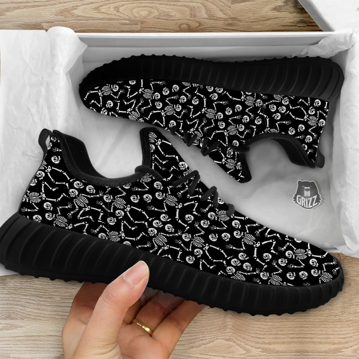 Dancing Party Skeleton Print Pattern Black Walking Shoes-grizzshop