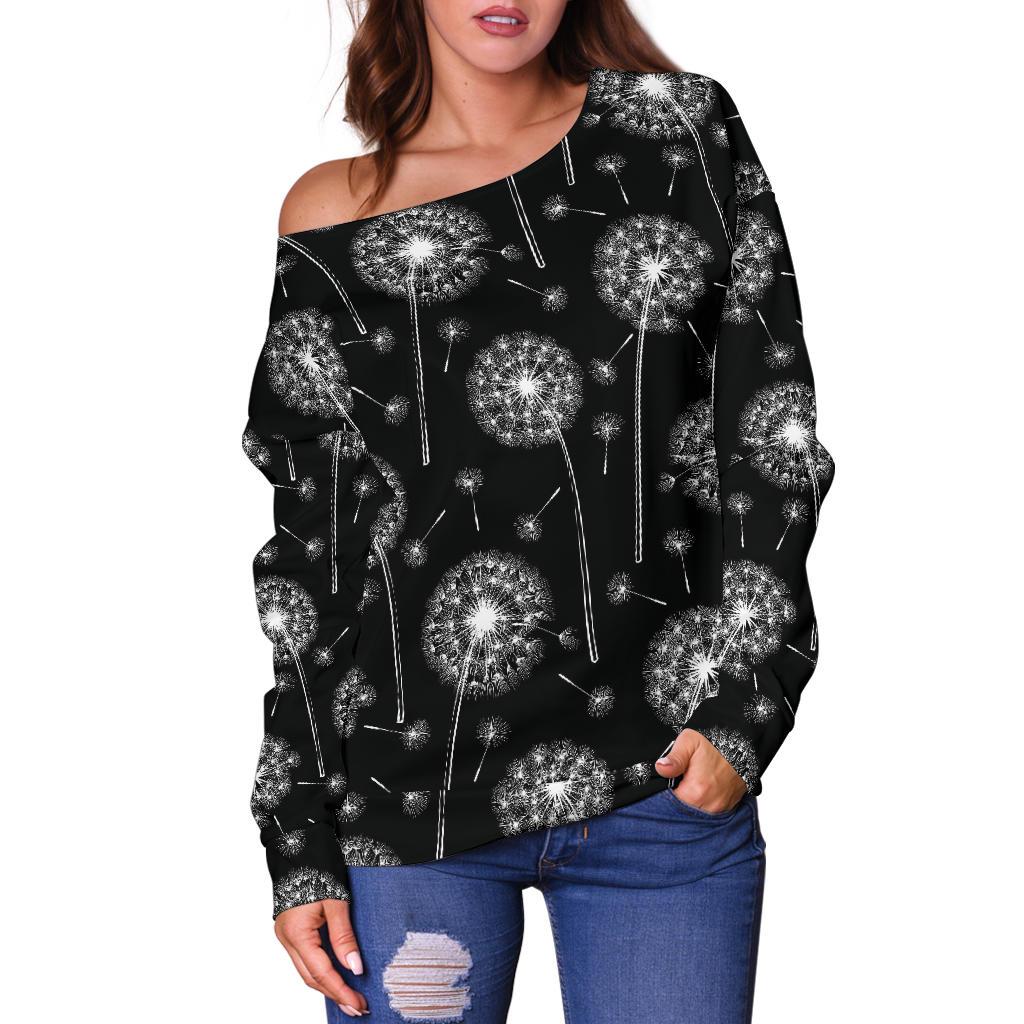 Dandelion Black Pattern Print Women Off Shoulder Sweatshirt-grizzshop