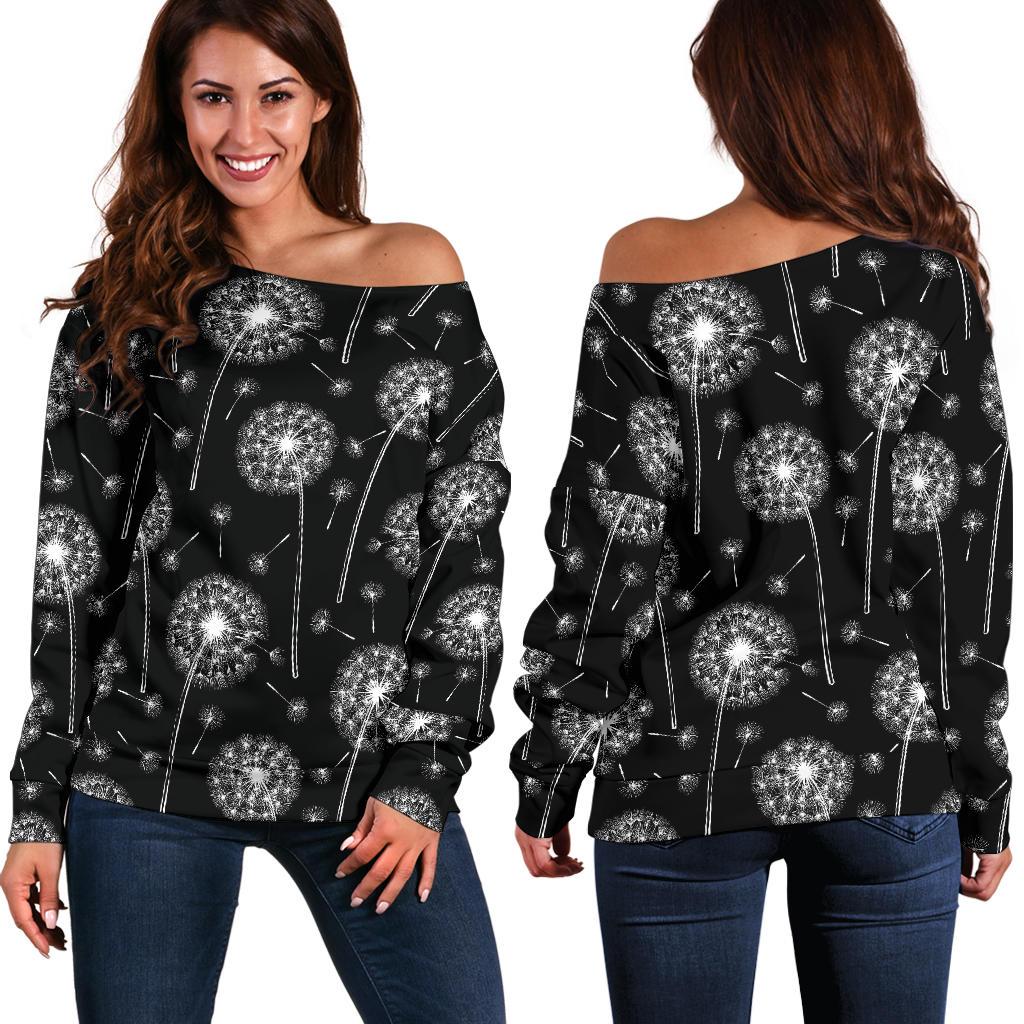 Dandelion Black Pattern Print Women Off Shoulder Sweatshirt-grizzshop