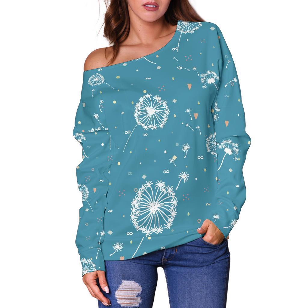 Dandelion Blue Pattern Print Women Off Shoulder Sweatshirt-grizzshop