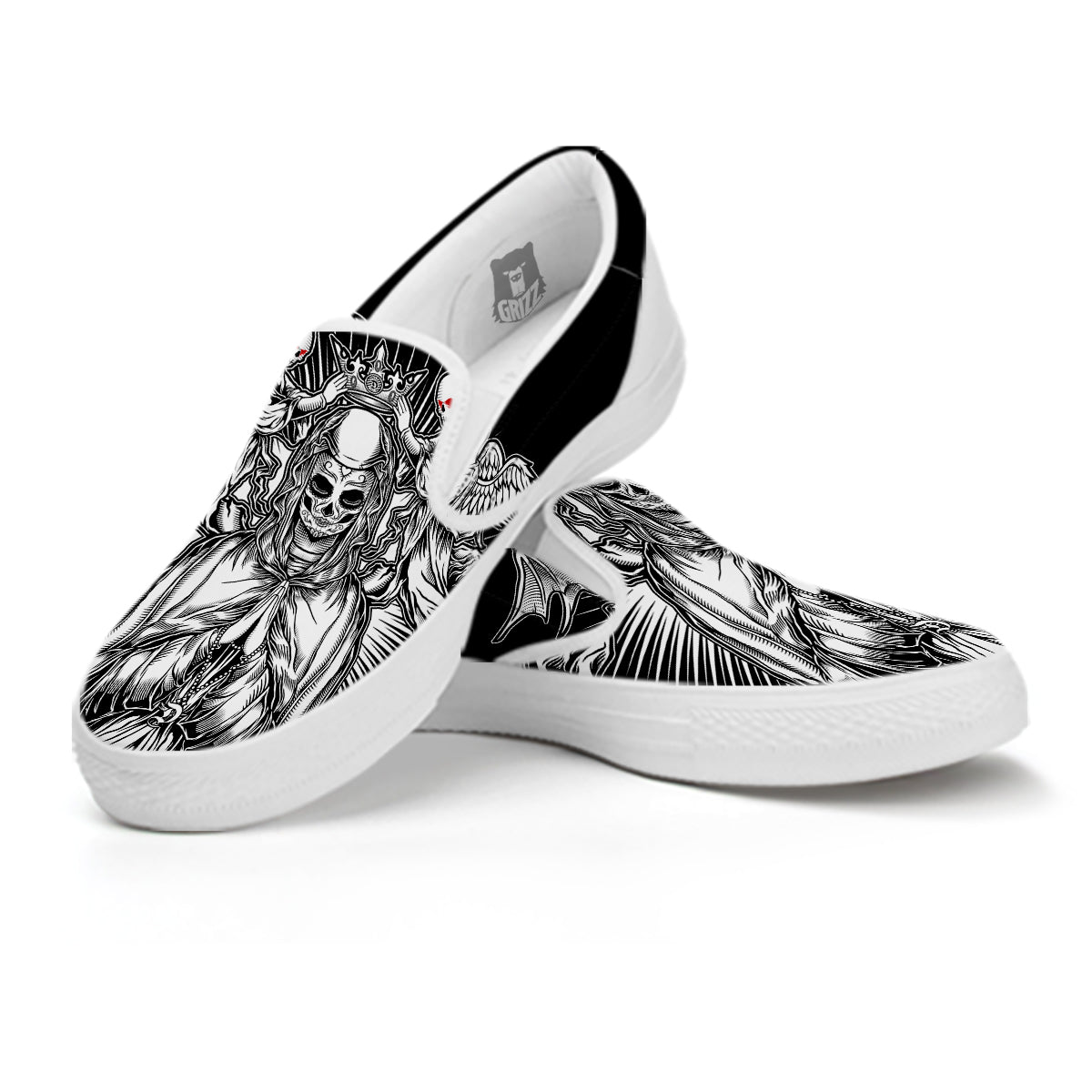 Dark Angel Of Death Print White Slip On Shoes-grizzshop