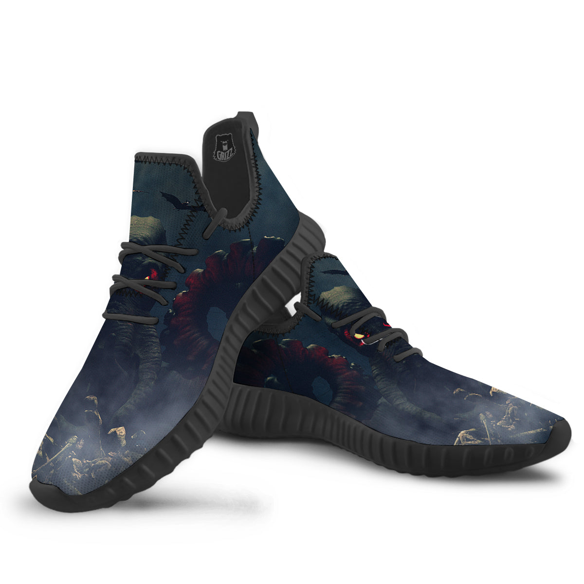 Dark Cthulhu Octopus And Bones Print Black Walking Shoes-grizzshop