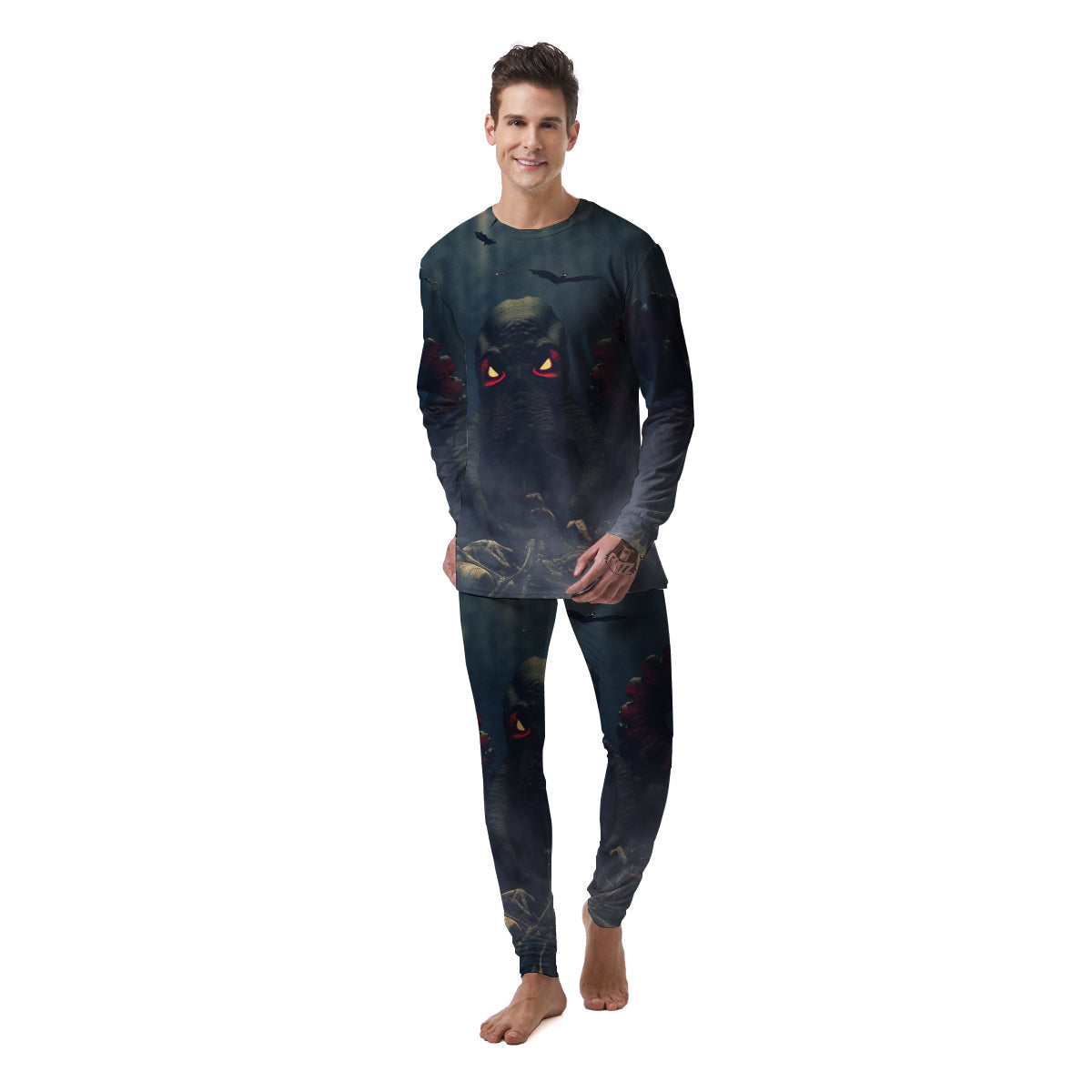 Dark Cthulhu Octopus And Bones Print Men's Pajamas-grizzshop