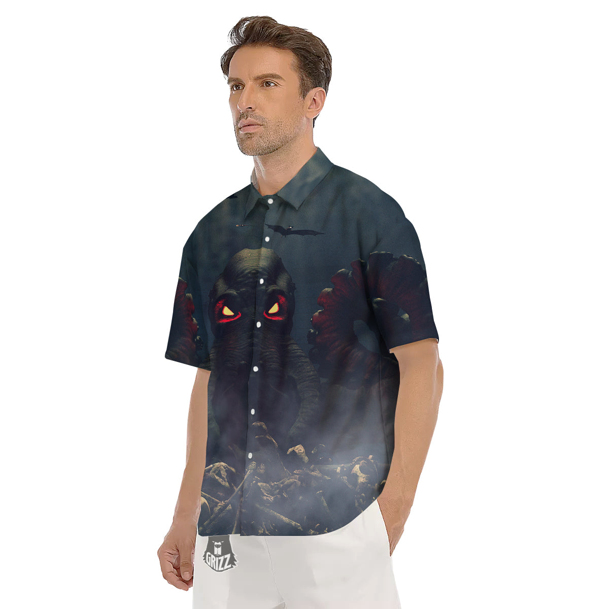 Dark Cthulhu Octopus And Bones Print Men's Short Sleeve Shirts-grizzshop