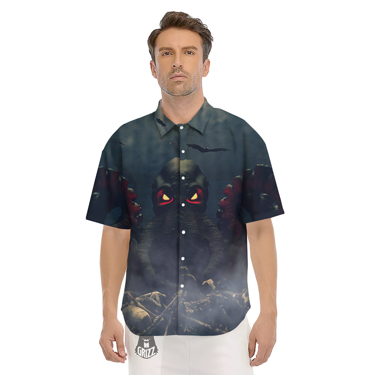 Dark Cthulhu Octopus And Bones Print Men's Short Sleeve Shirts-grizzshop