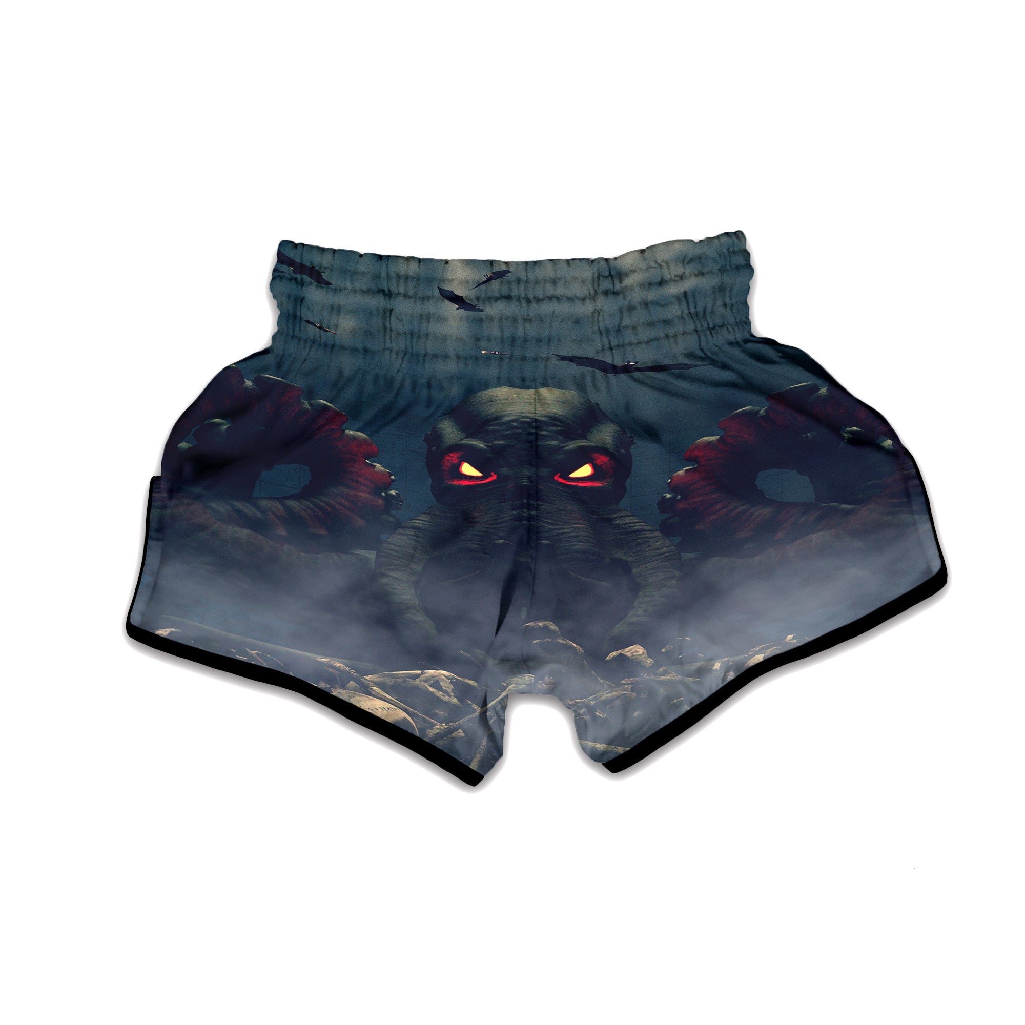 Dark Cthulhu Octopus And Bones Print Muay Thai Boxing Shorts-grizzshop