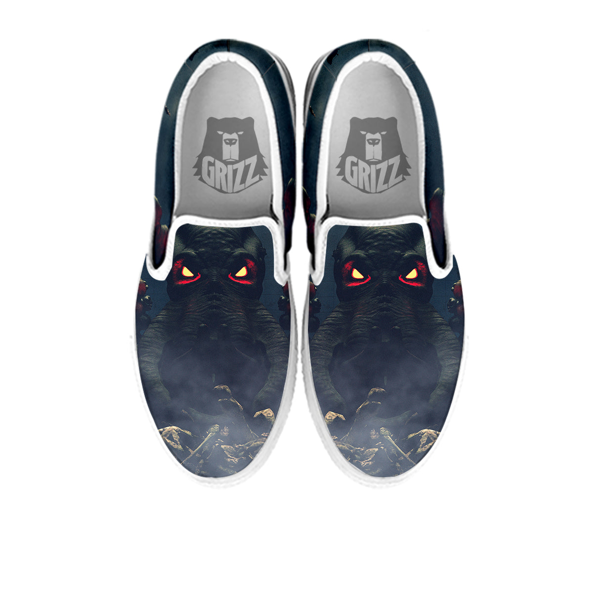 Dark Cthulhu Octopus And Bones Print White Slip On Shoes-grizzshop