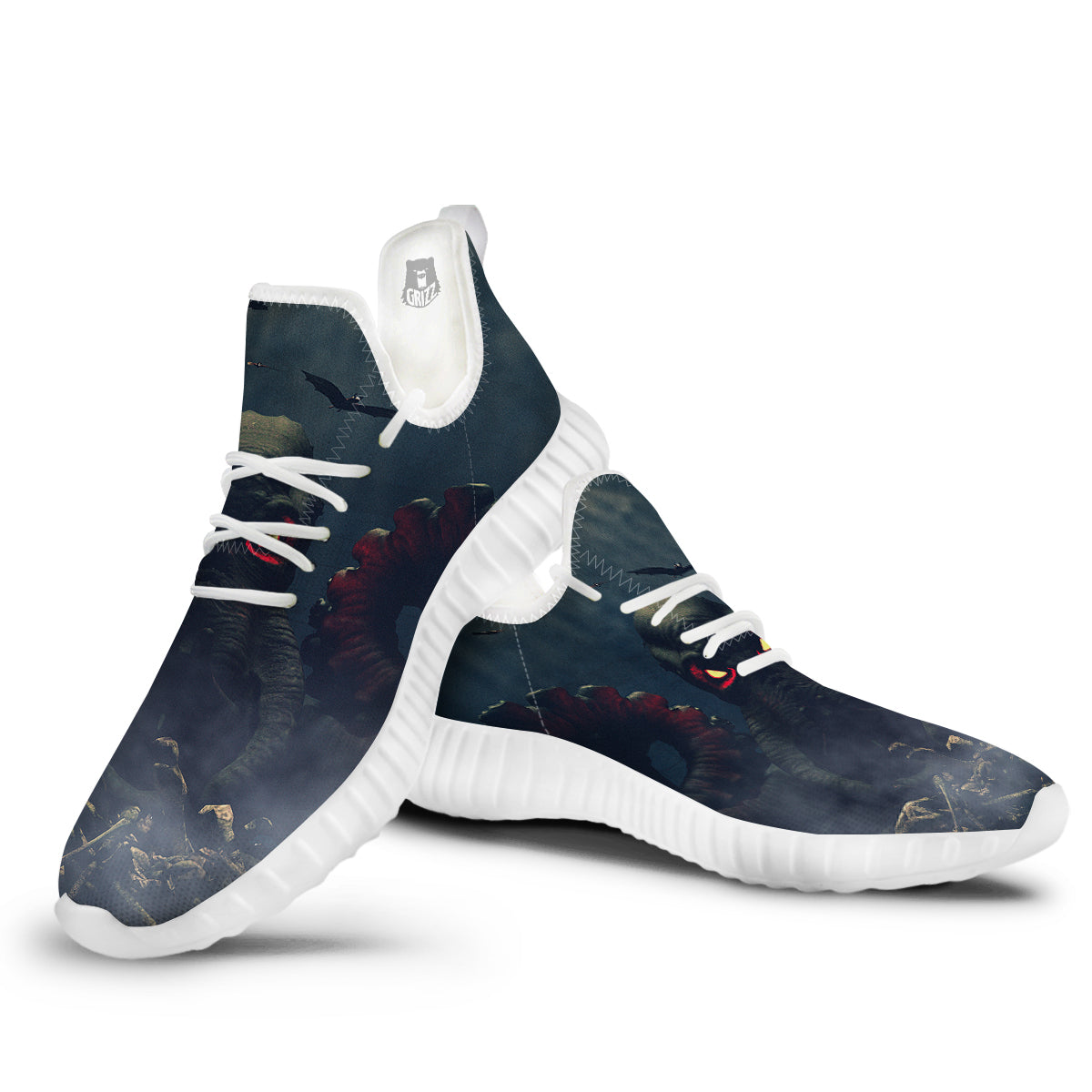 Dark Cthulhu Octopus And Bones Print White Walking Shoes-grizzshop