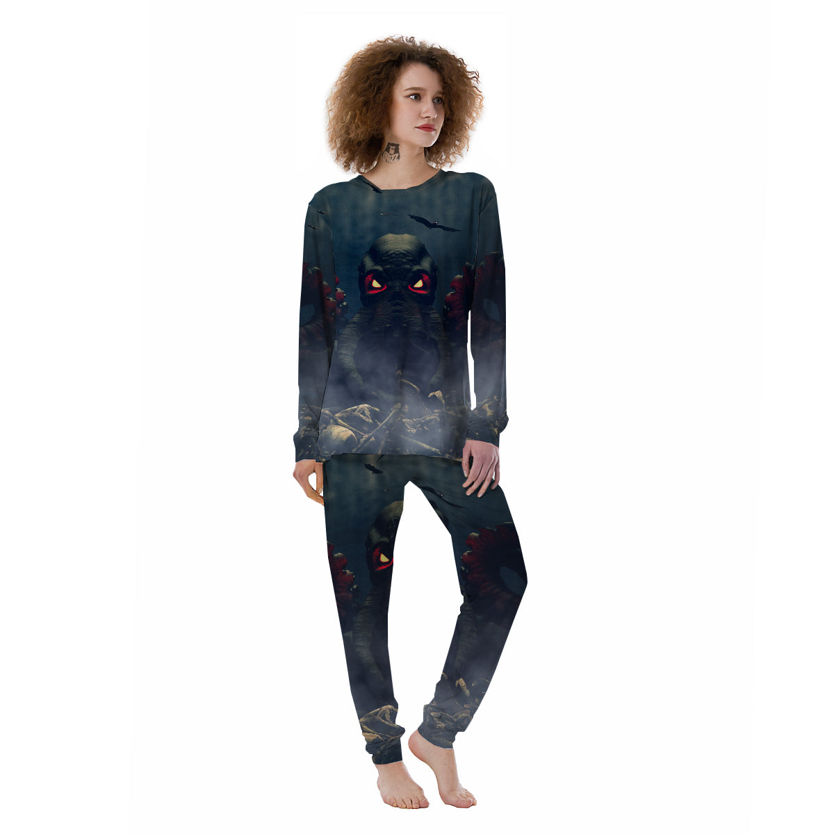 Dark Cthulhu Octopus And Bones Print Women's Pajamas-grizzshop