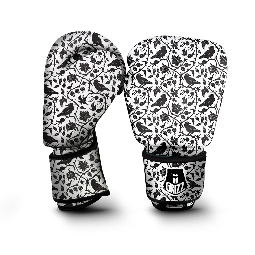 Dark Floral And Crow Print Pattern Boxing Gloves-grizzshop