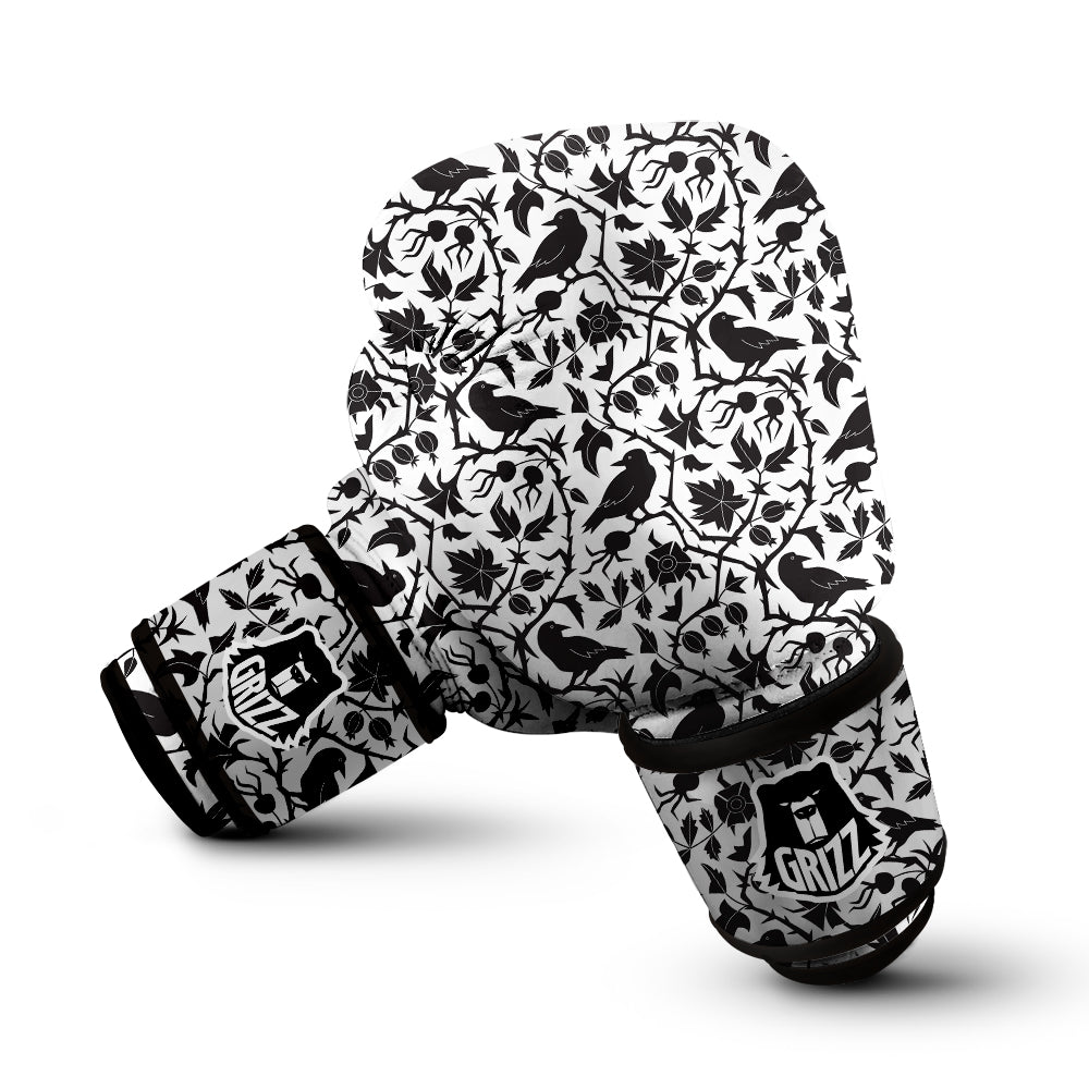 Dark Floral And Crow Print Pattern Boxing Gloves-grizzshop