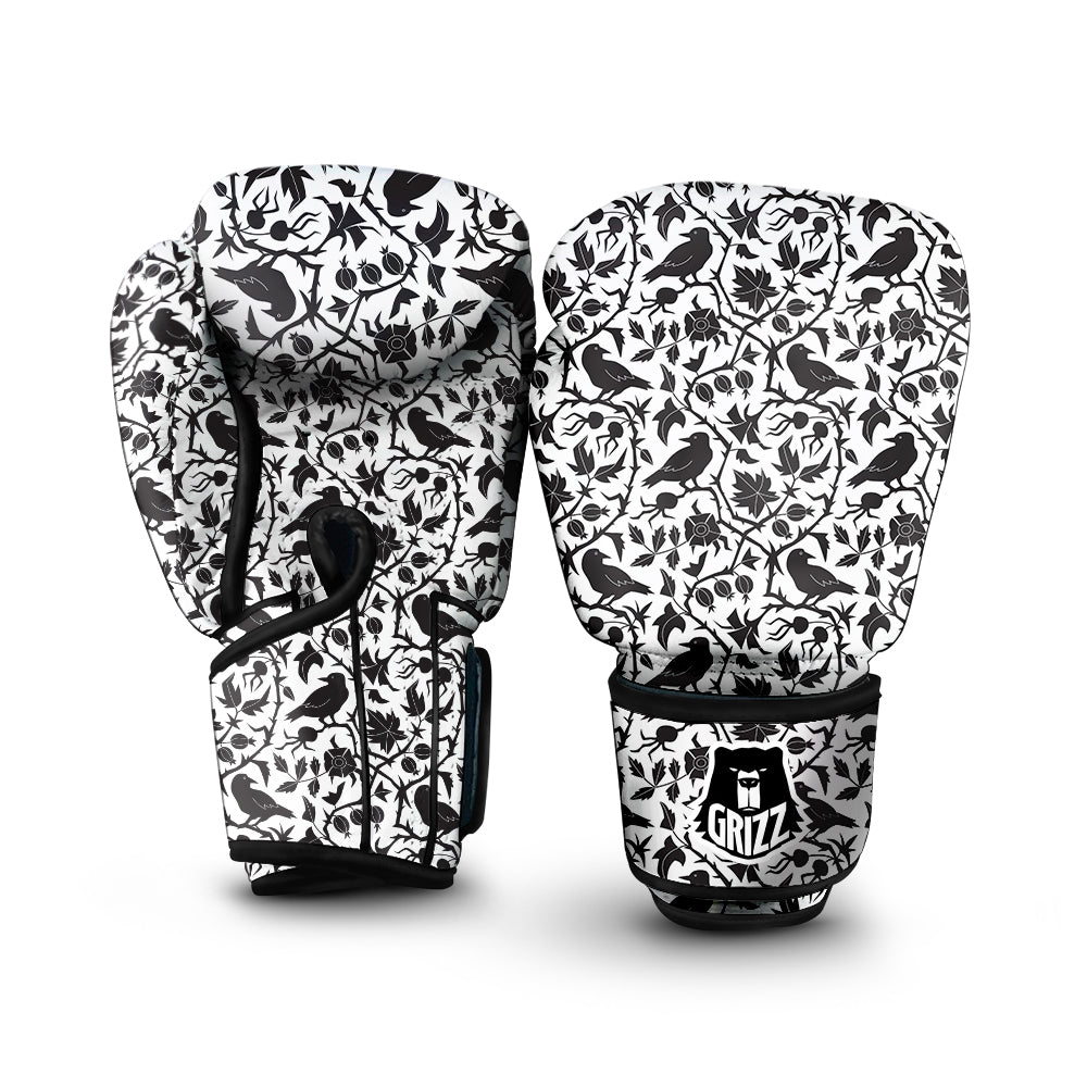 Dark Floral And Crow Print Pattern Boxing Gloves-grizzshop