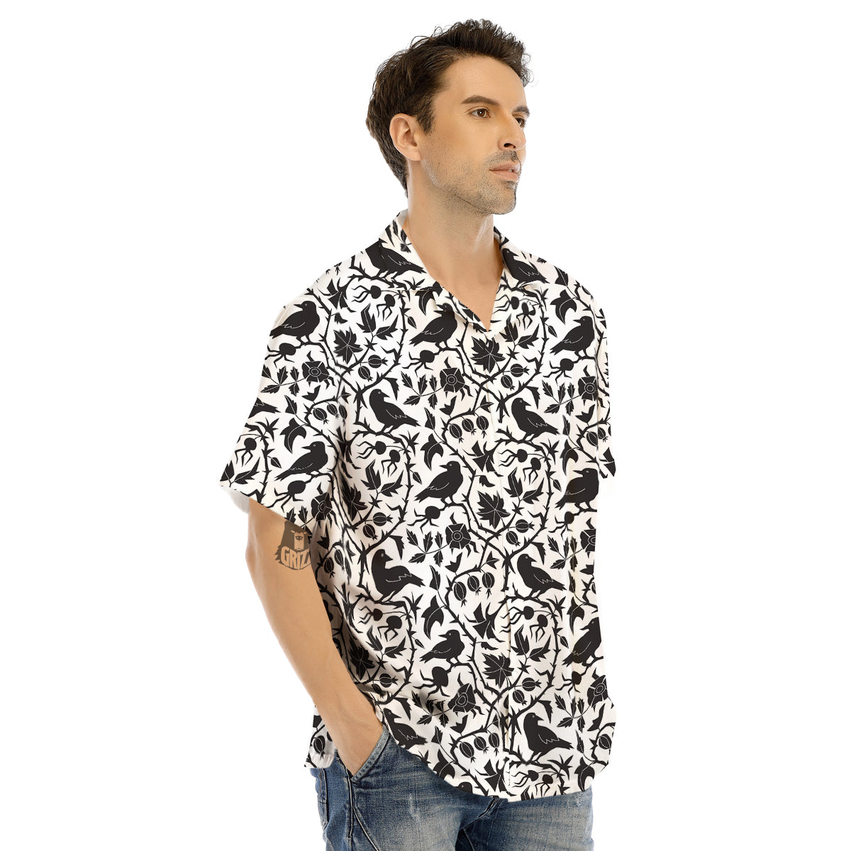 Dark Floral And Crow Print Pattern Men's Hawaiian Shirt-grizzshop