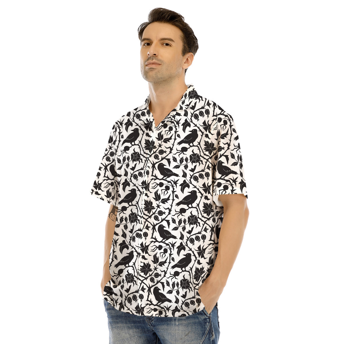 Dark Floral And Crow Print Pattern Men's Hawaiian Shirt-grizzshop