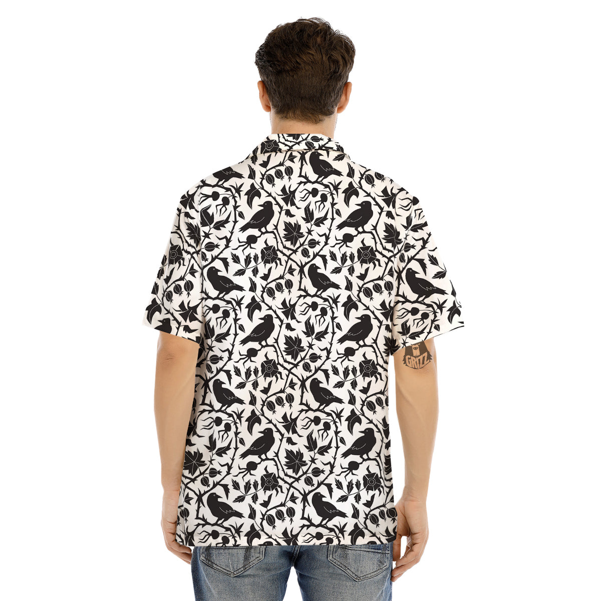 Dark Floral And Crow Print Pattern Men's Hawaiian Shirt-grizzshop