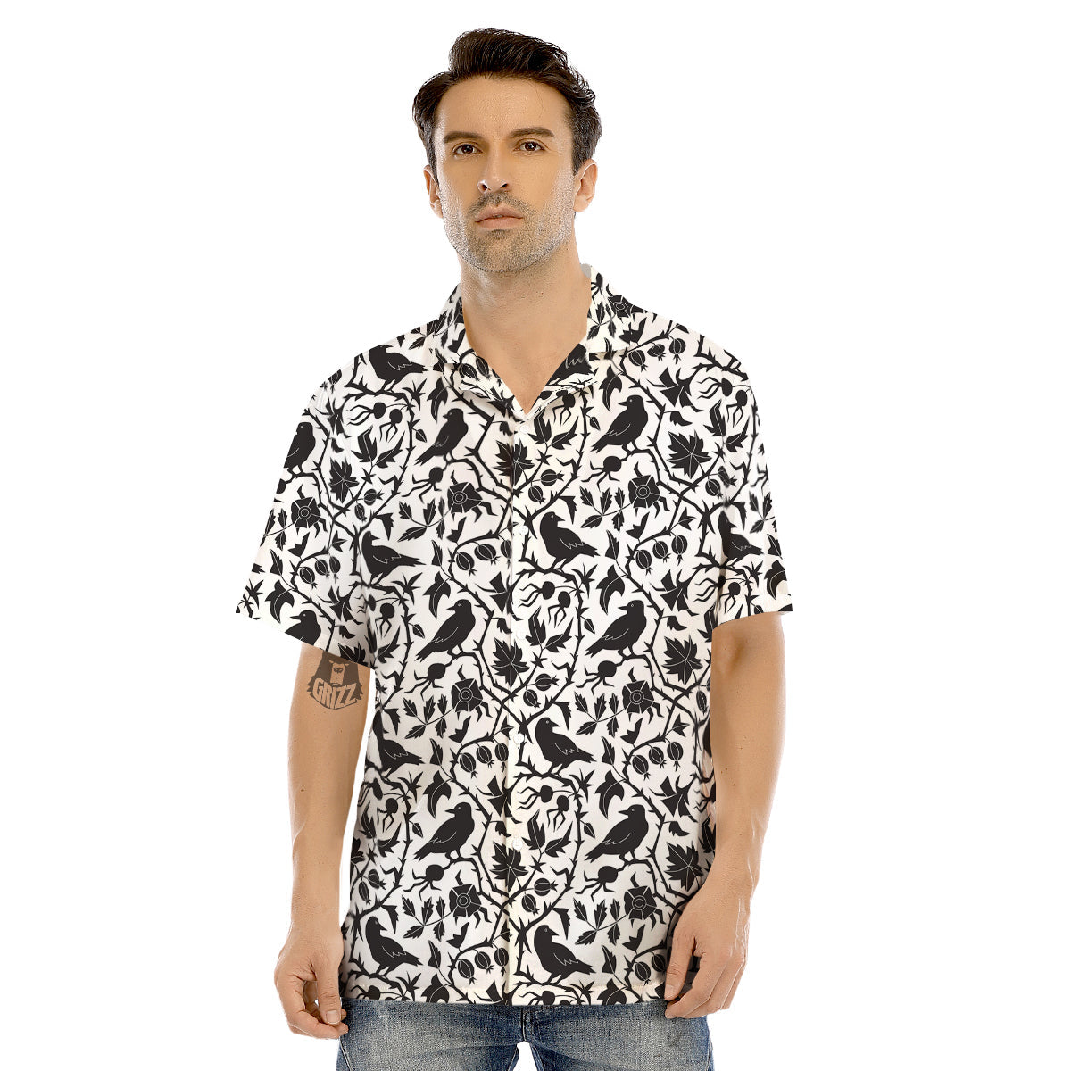 Dark Floral And Crow Print Pattern Men's Hawaiian Shirt-grizzshop