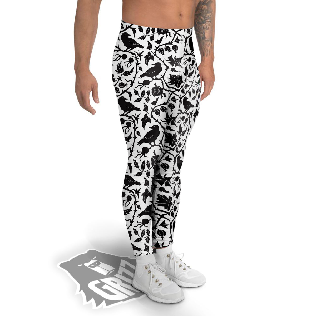 Dark Floral And Crow Print Pattern Men's Leggings-grizzshop