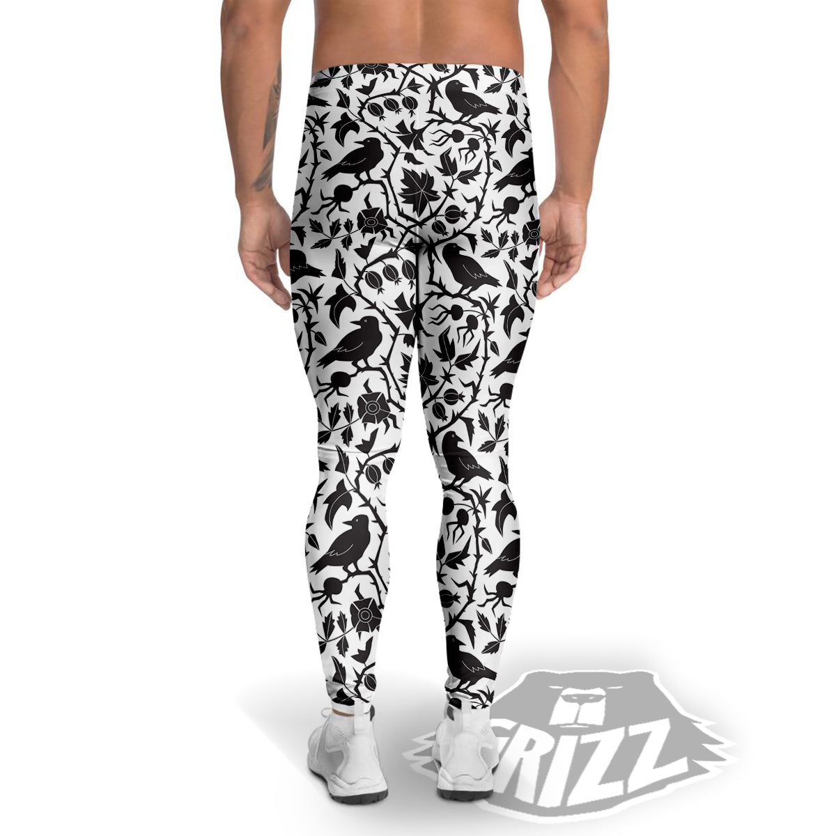 Dark Floral And Crow Print Pattern Men's Leggings-grizzshop