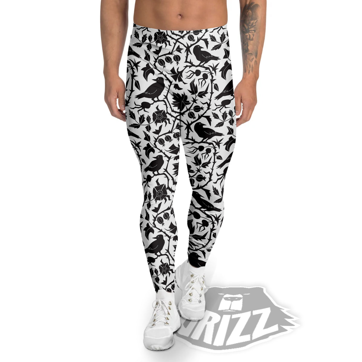Dark Floral And Crow Print Pattern Men's Leggings-grizzshop