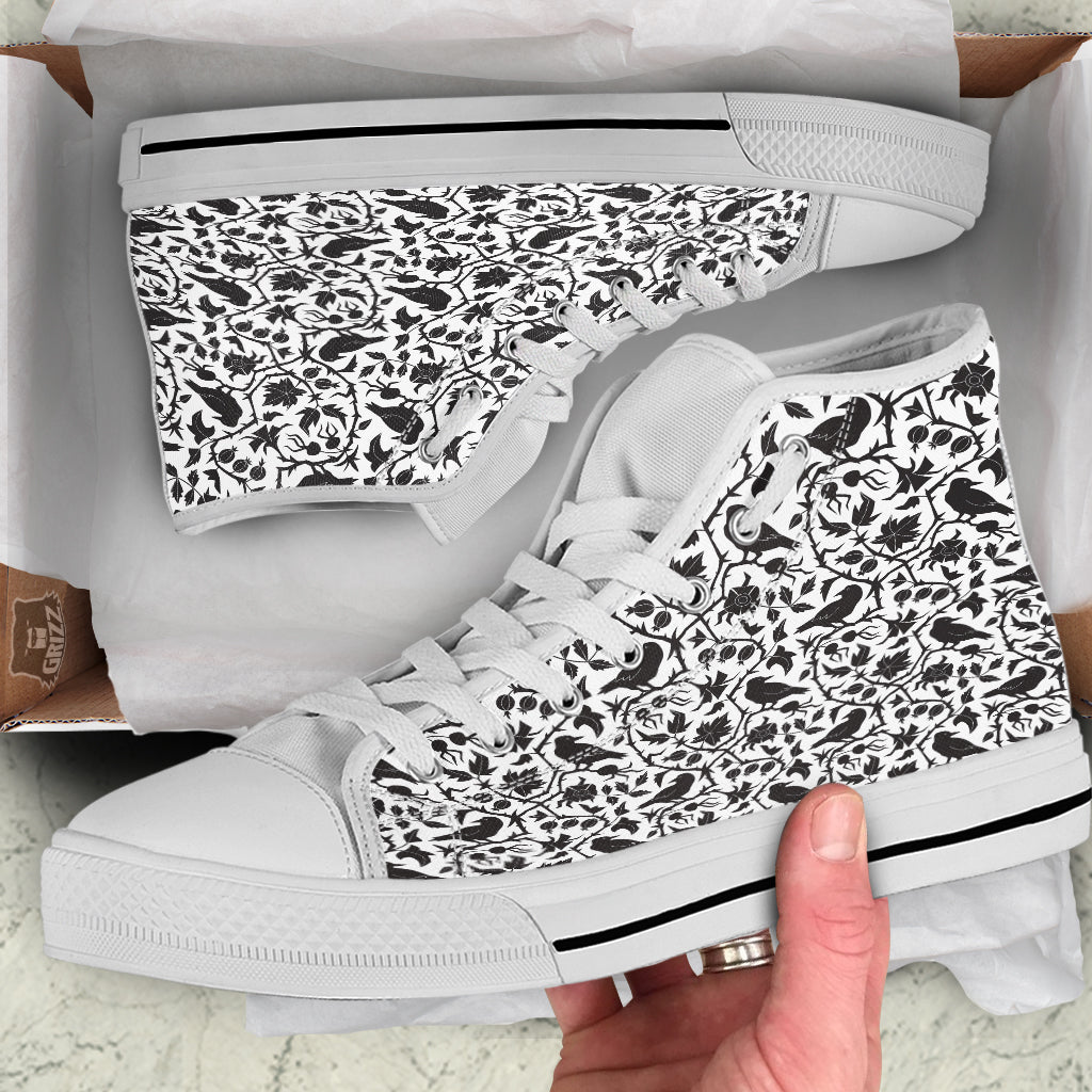 Dark Floral And Crow Print Pattern White High Top Shoes-grizzshop