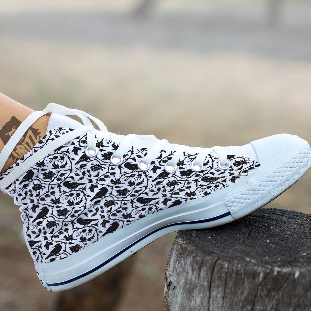 Dark Floral And Crow Print Pattern White High Top Shoes-grizzshop