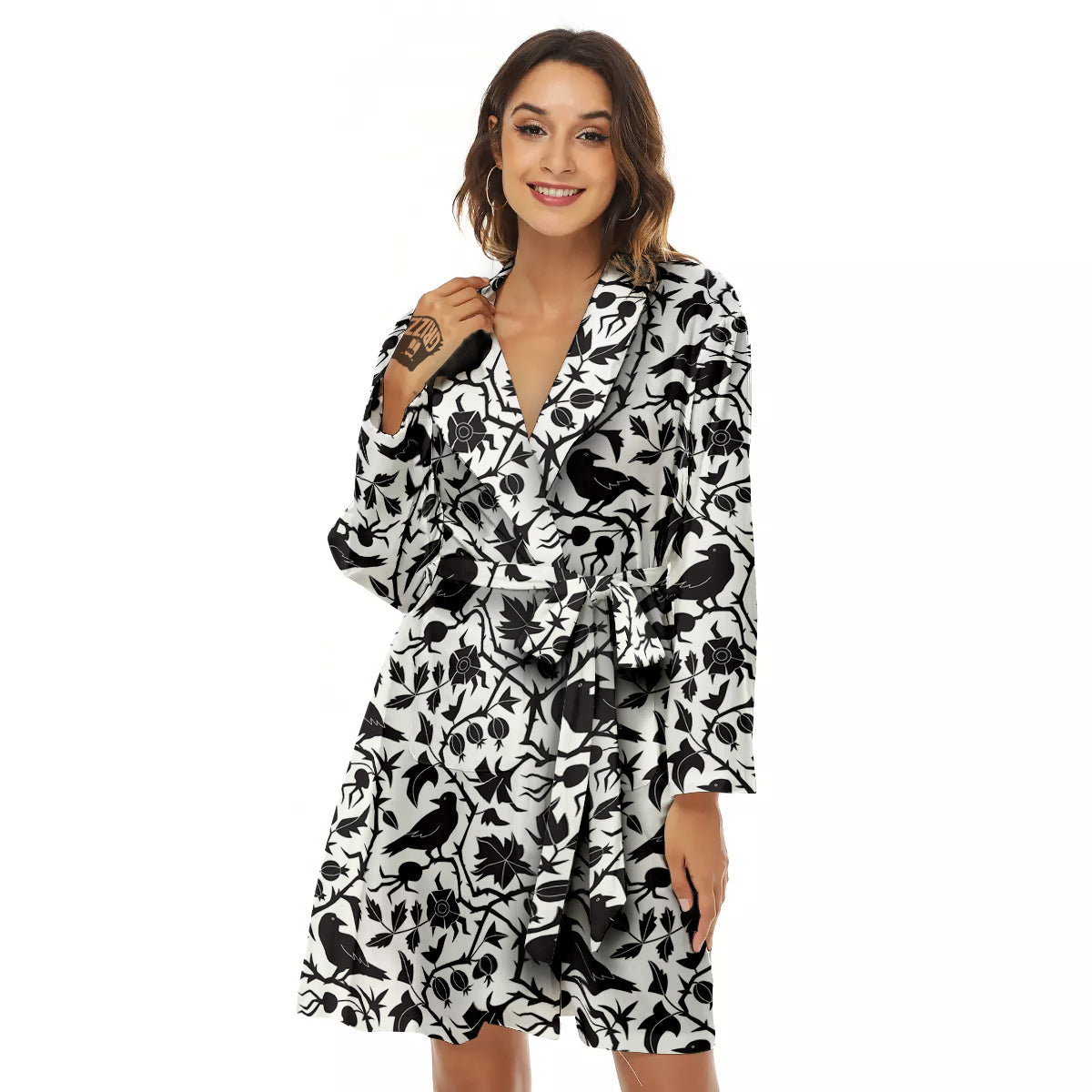 Dark Floral And Crow Print Pattern Women's Robe-grizzshop