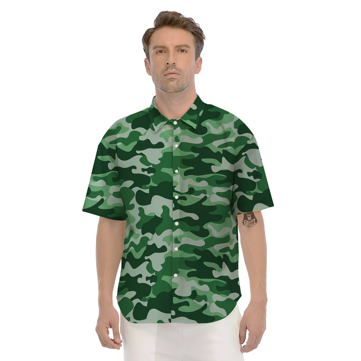 Dark Green Camo And Camouflage Print Men's Short Sleeve Shirts-grizzshop