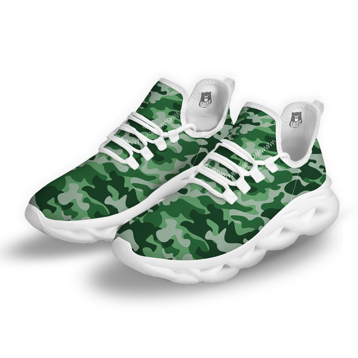 Dark Green Camo And Camouflage Print White Running Shoes-grizzshop