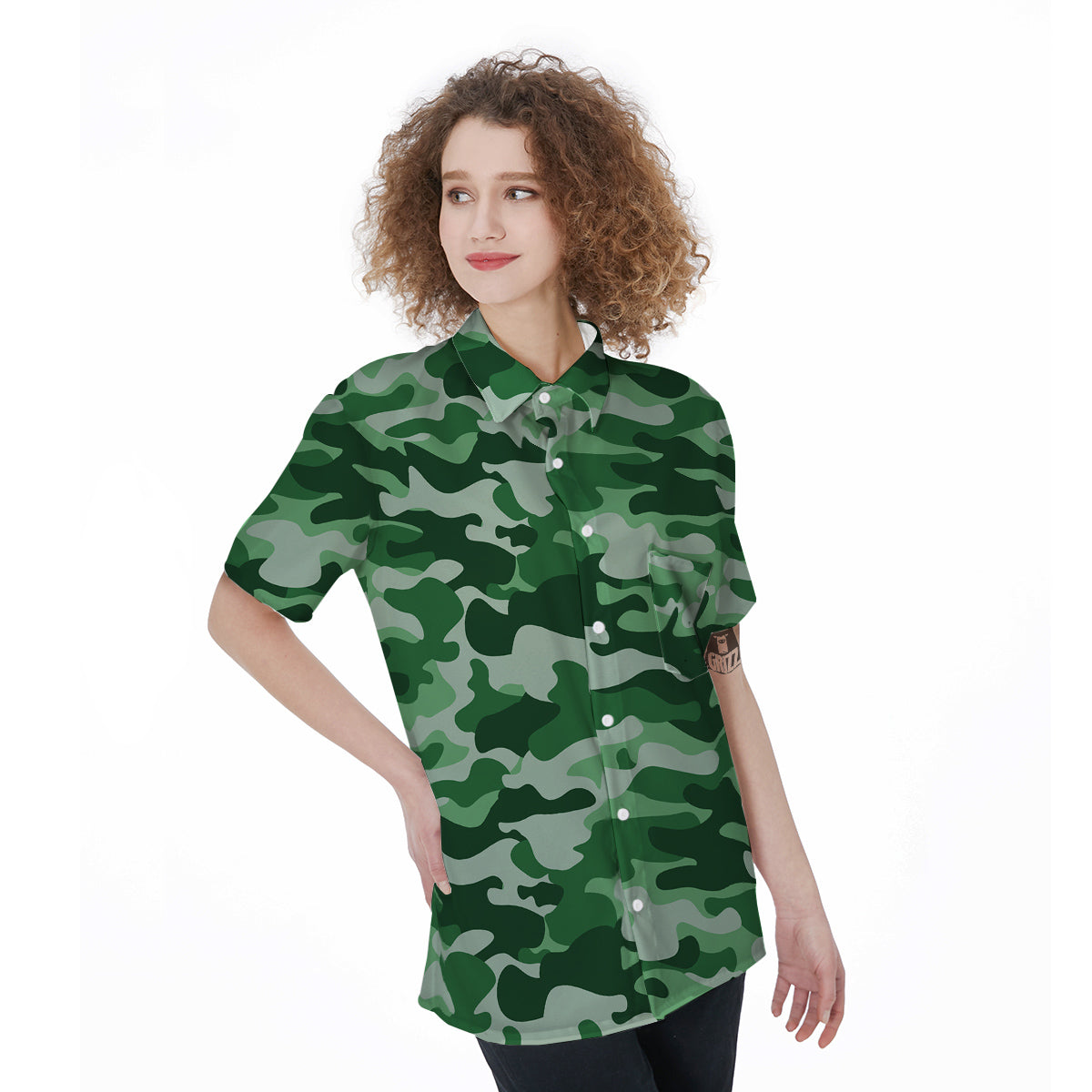 Dark Green Camo And Camouflage Print Women's Short Sleeve Shirts-grizzshop