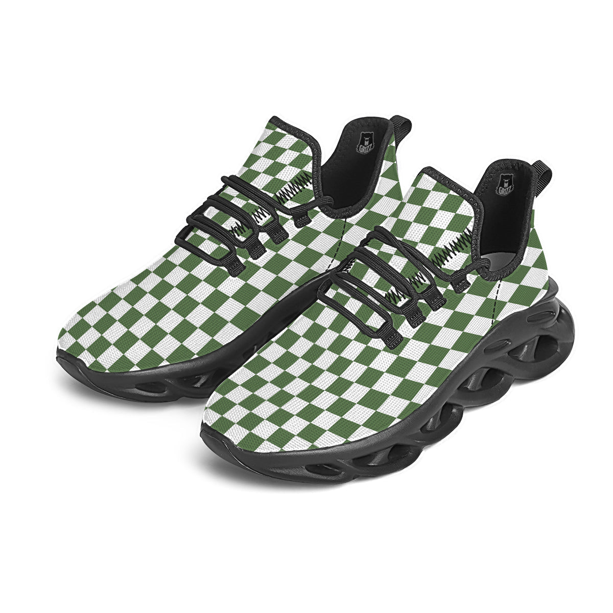 Dark Green Checkered Flag Print Black Running Shoes-grizzshop