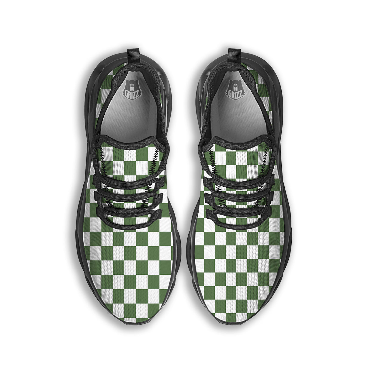 Dark Green Checkered Flag Print Black Running Shoes-grizzshop
