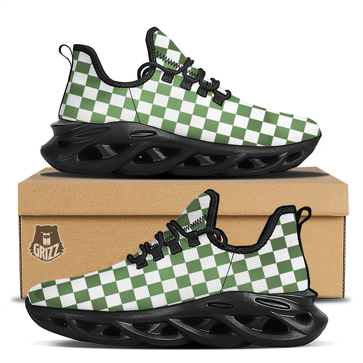 Dark Green Checkered Flag Print Black Running Shoes-grizzshop