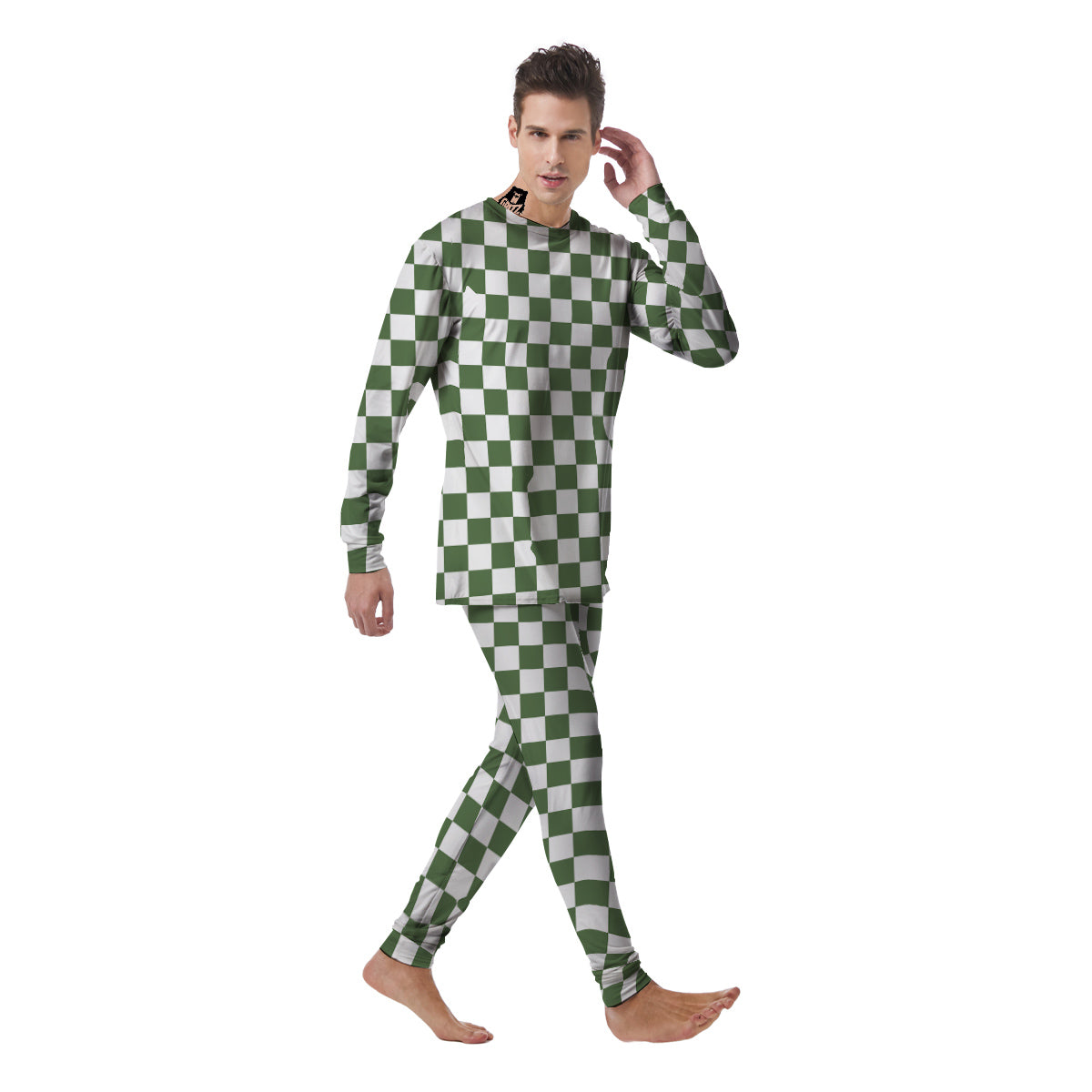 Dark Green Checkered Flag Print Men's Pajamas-grizzshop