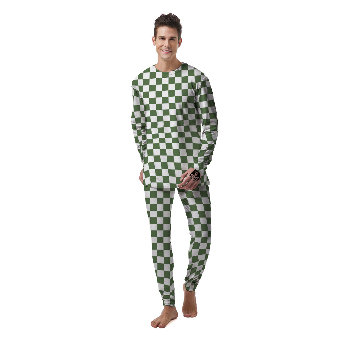 Dark Green Checkered Flag Print Men's Pajamas-grizzshop