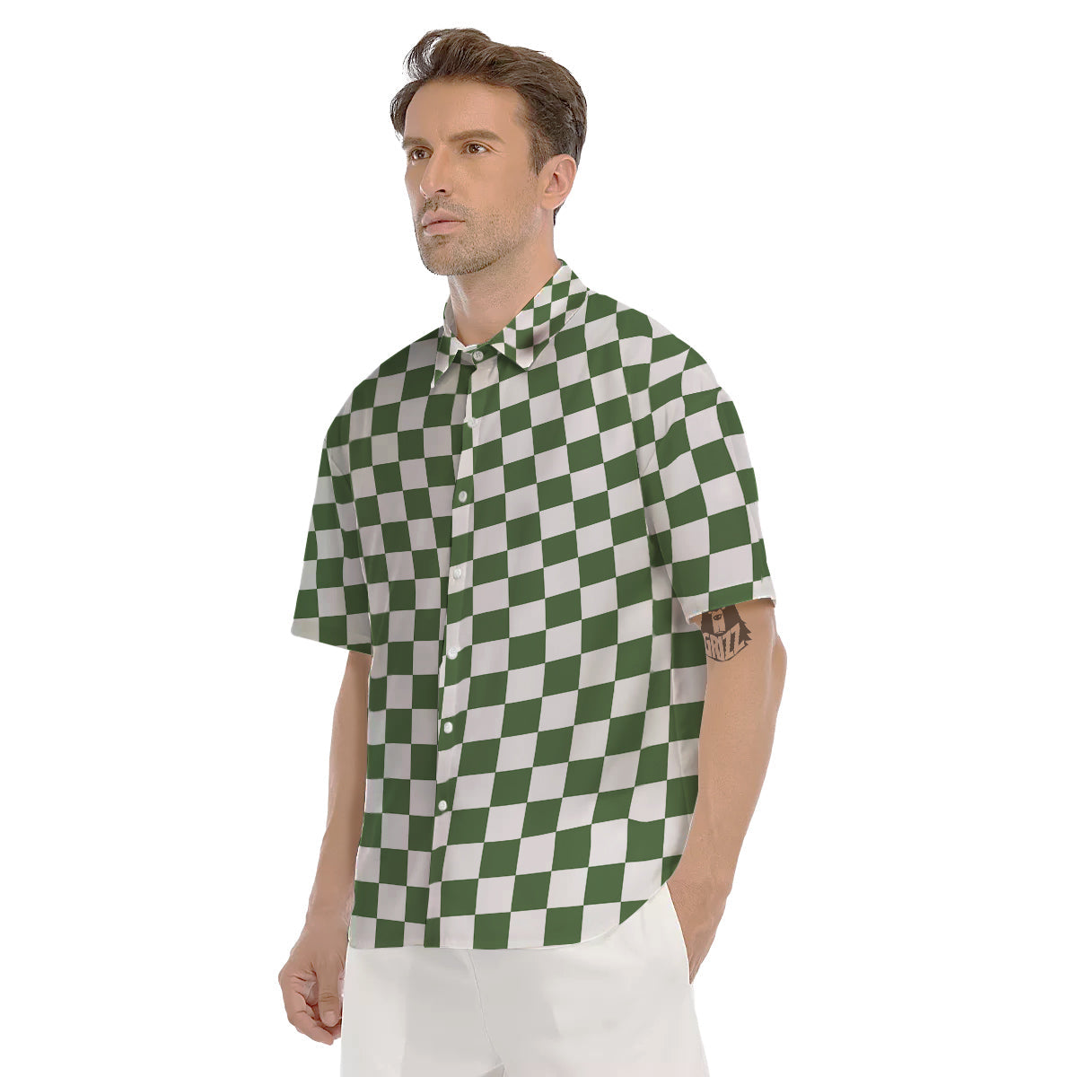 Dark Green Checkered Flag Print Men's Short Sleeve Shirts-grizzshop