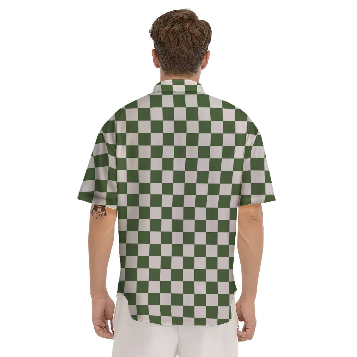 Dark Green Checkered Flag Print Men's Short Sleeve Shirts-grizzshop