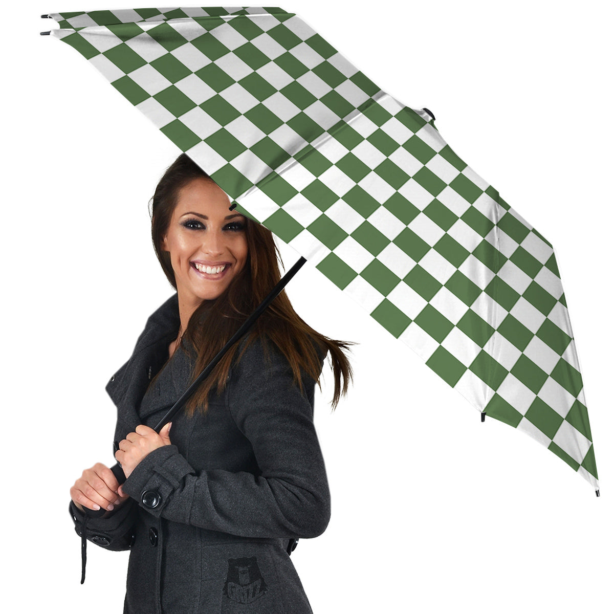 Dark Green Checkered Flag Print Umbrella-grizzshop