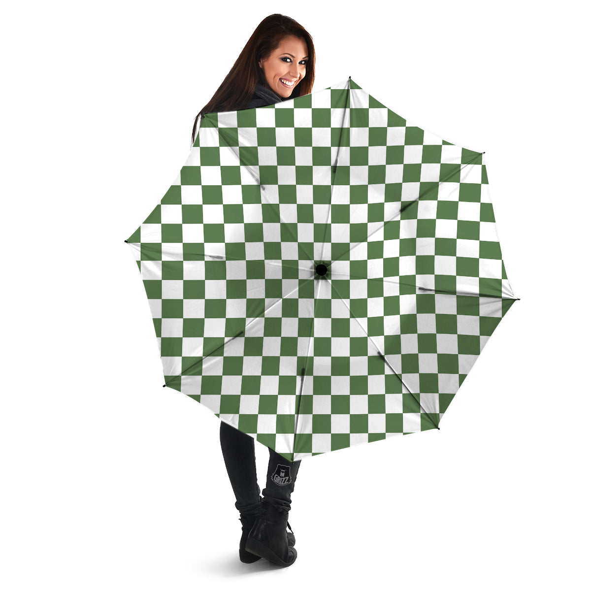 Dark Green Checkered Flag Print Umbrella-grizzshop