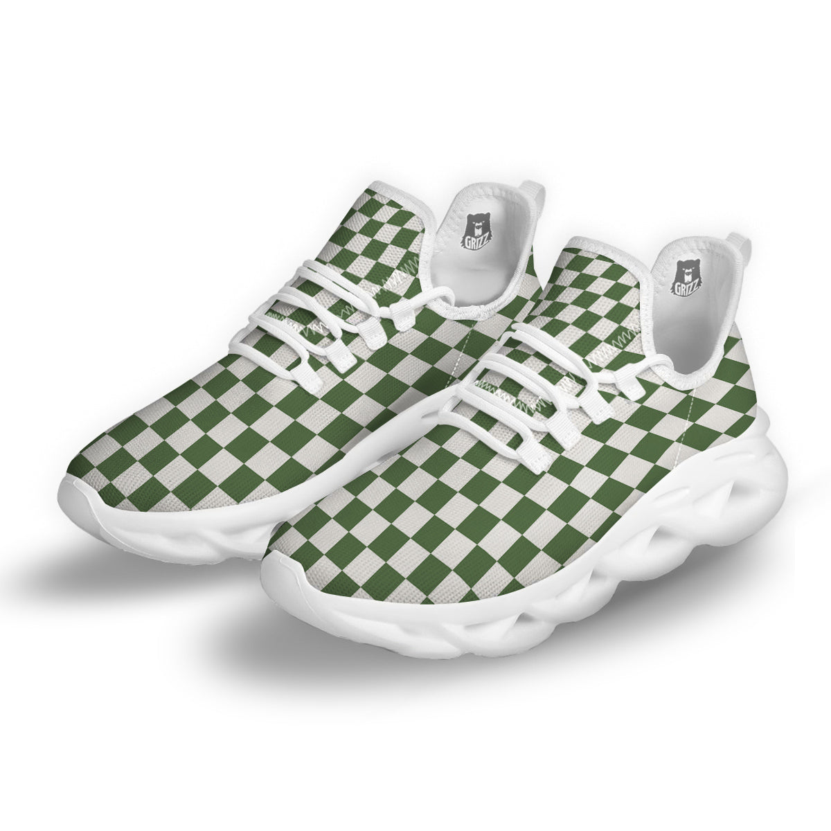 Dark Green Checkered Flag Print White Running Shoes-grizzshop