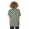 Dark Green Checkered Flag Print Women's Short Sleeve Shirts-grizzshop