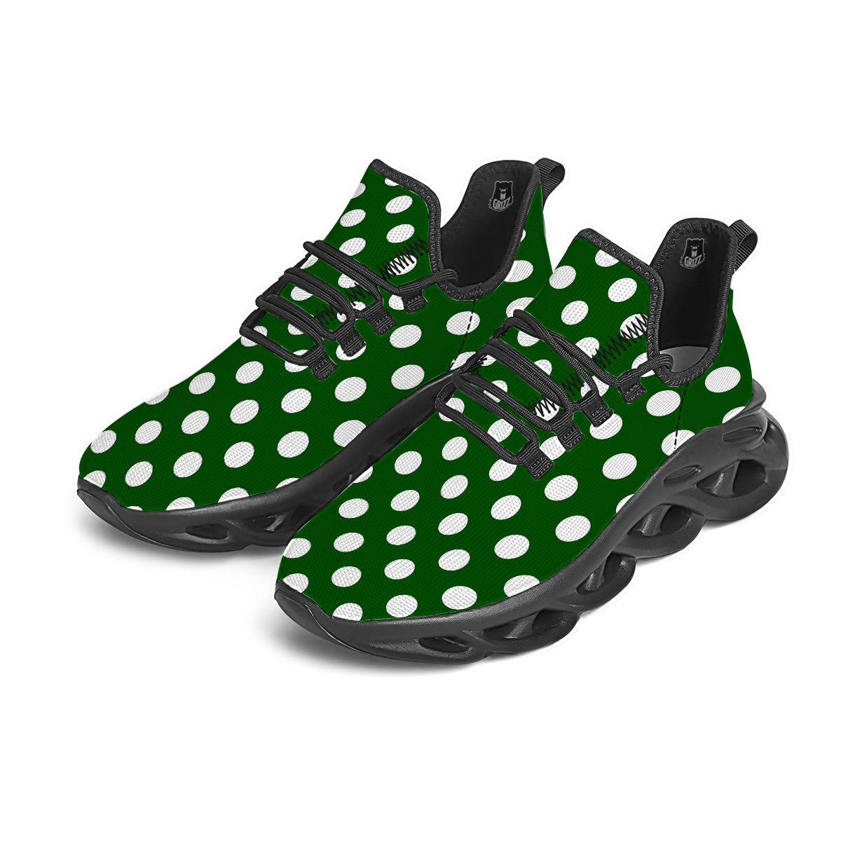 Dark Green Color And Polka Dot Print Pattern Black Running Shoes-grizzshop