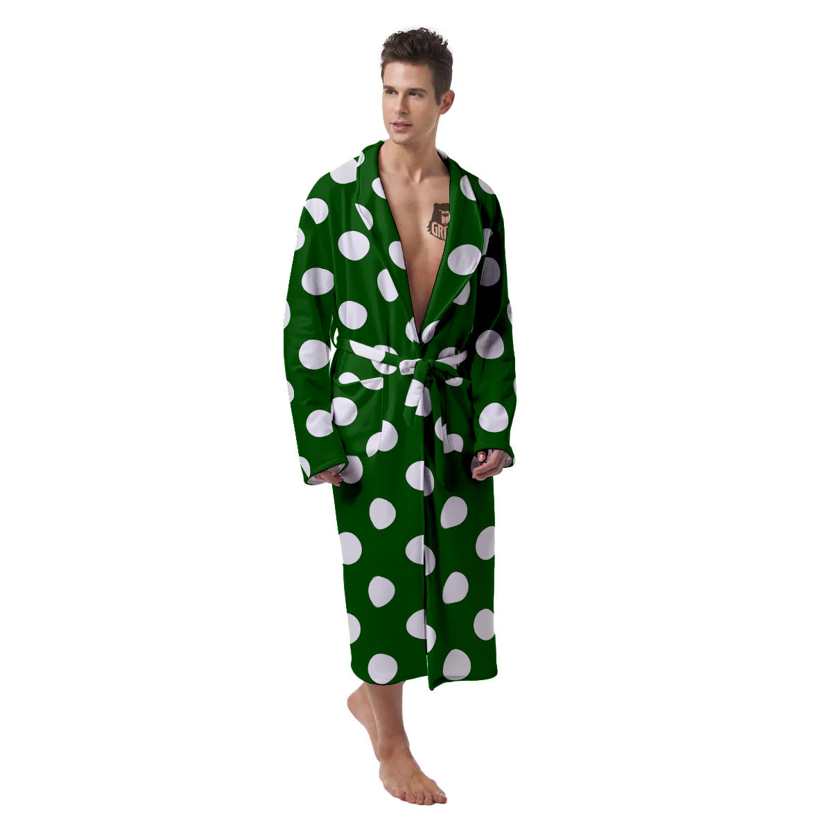 Dark Green Color And Polka Dot Print Pattern Men's Robe-grizzshop