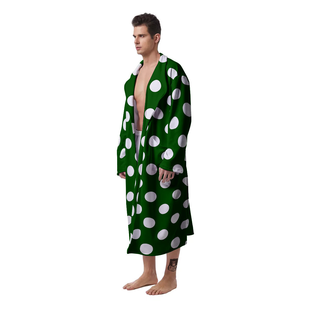 Dark Green Color And Polka Dot Print Pattern Men's Robe-grizzshop