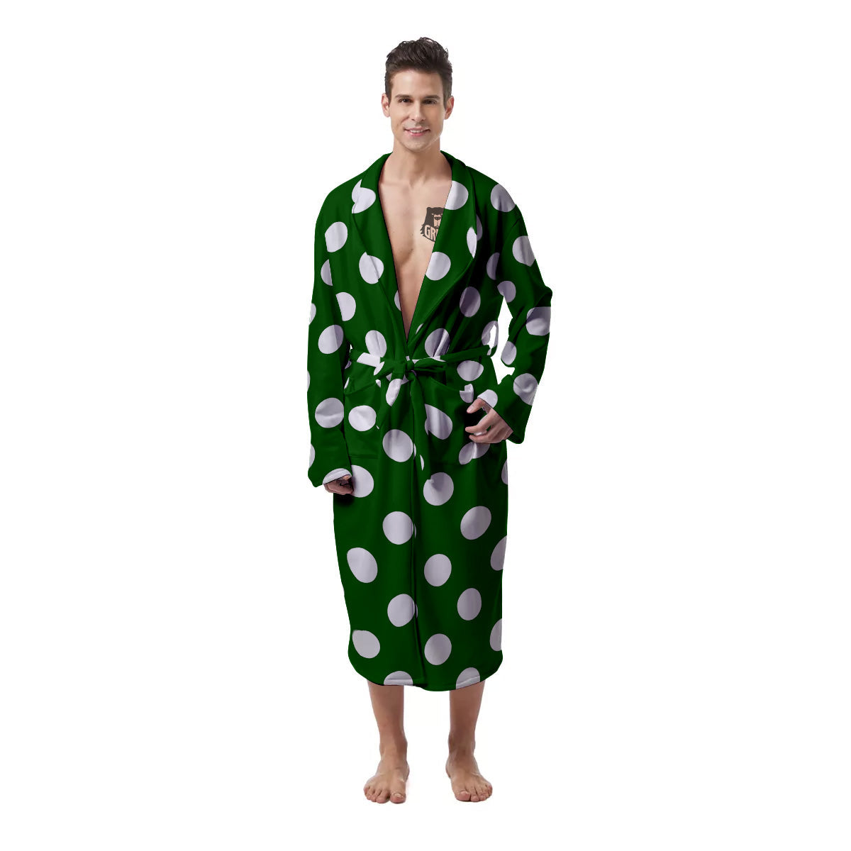 Dark Green Color And Polka Dot Print Pattern Men's Robe-grizzshop
