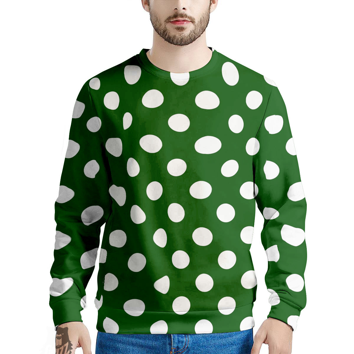 Dark Green Color And Polka Dot Print Pattern Men's Sweatshirt-grizzshop