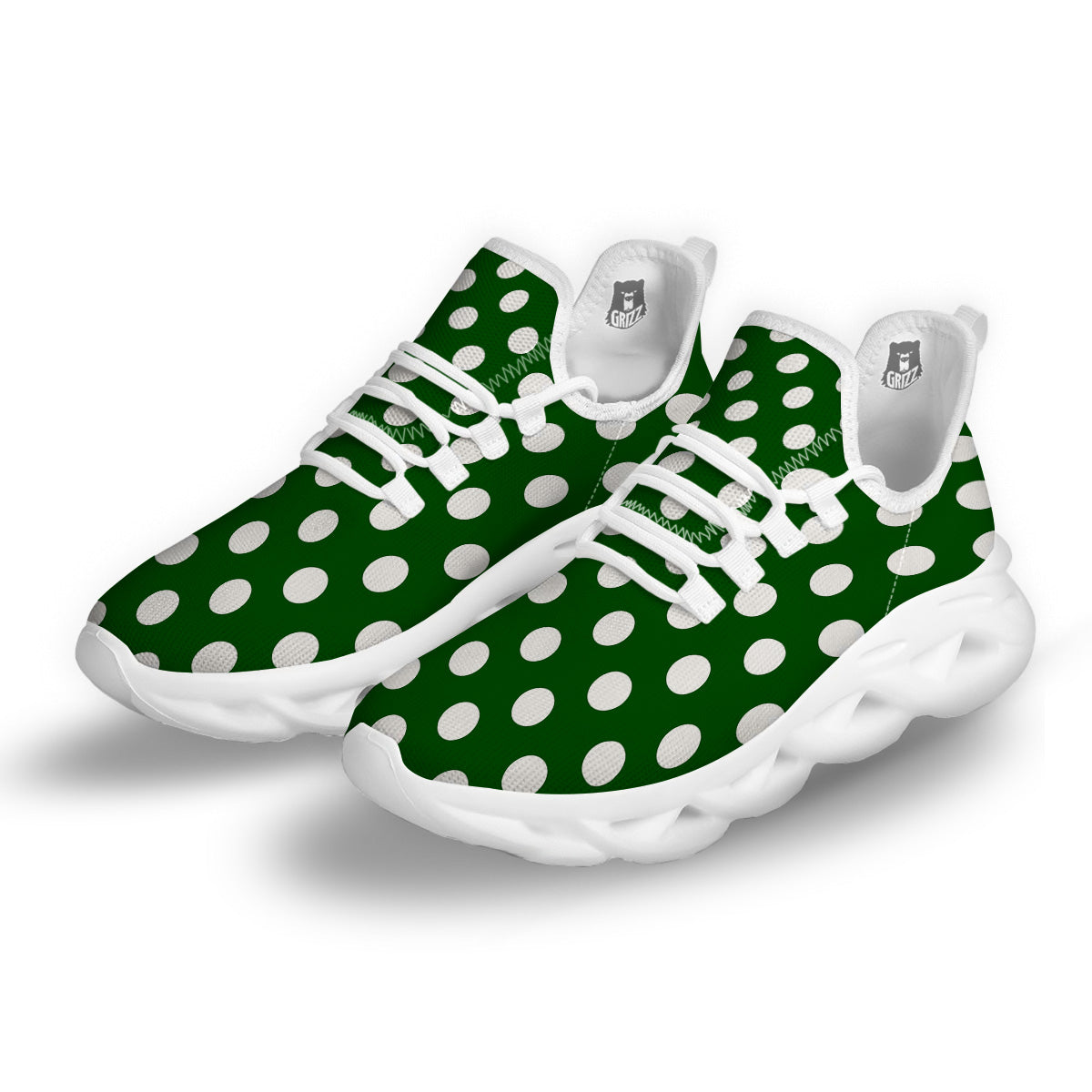 Dark Green Color And Polka Dot Print Pattern White Running Shoes-grizzshop