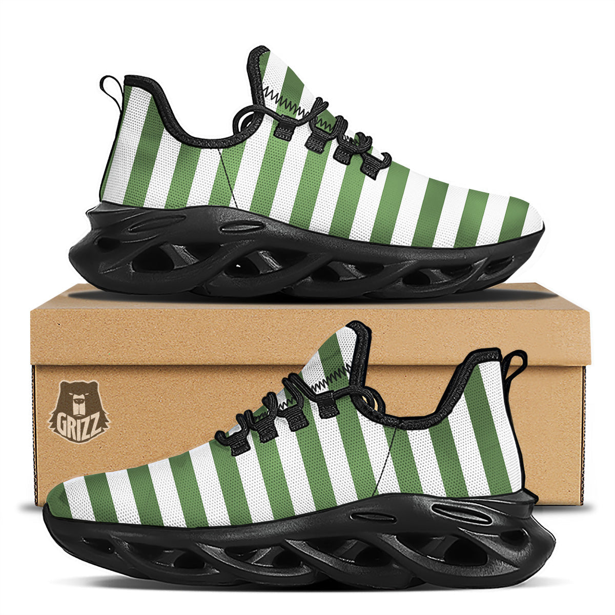 Dark Green Color Striped Print Black Running Shoes-grizzshop