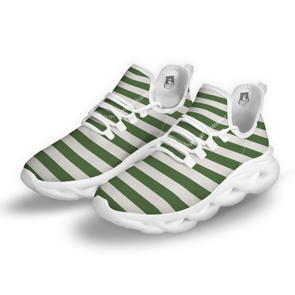 Dark Green Color Striped Print White Running Shoes-grizzshop